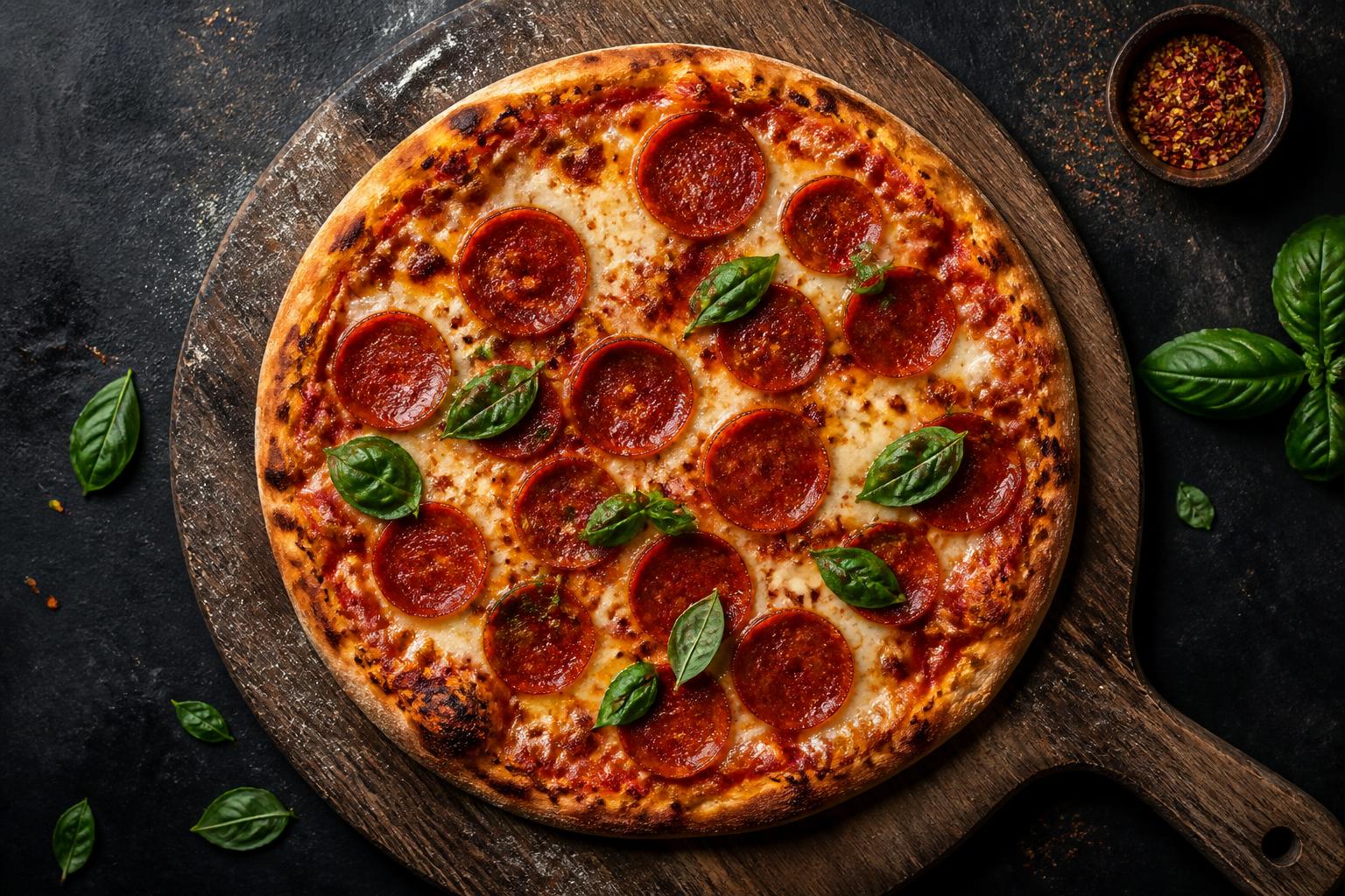 Freshly baked pepperoni pizza on a wooden peel with basil